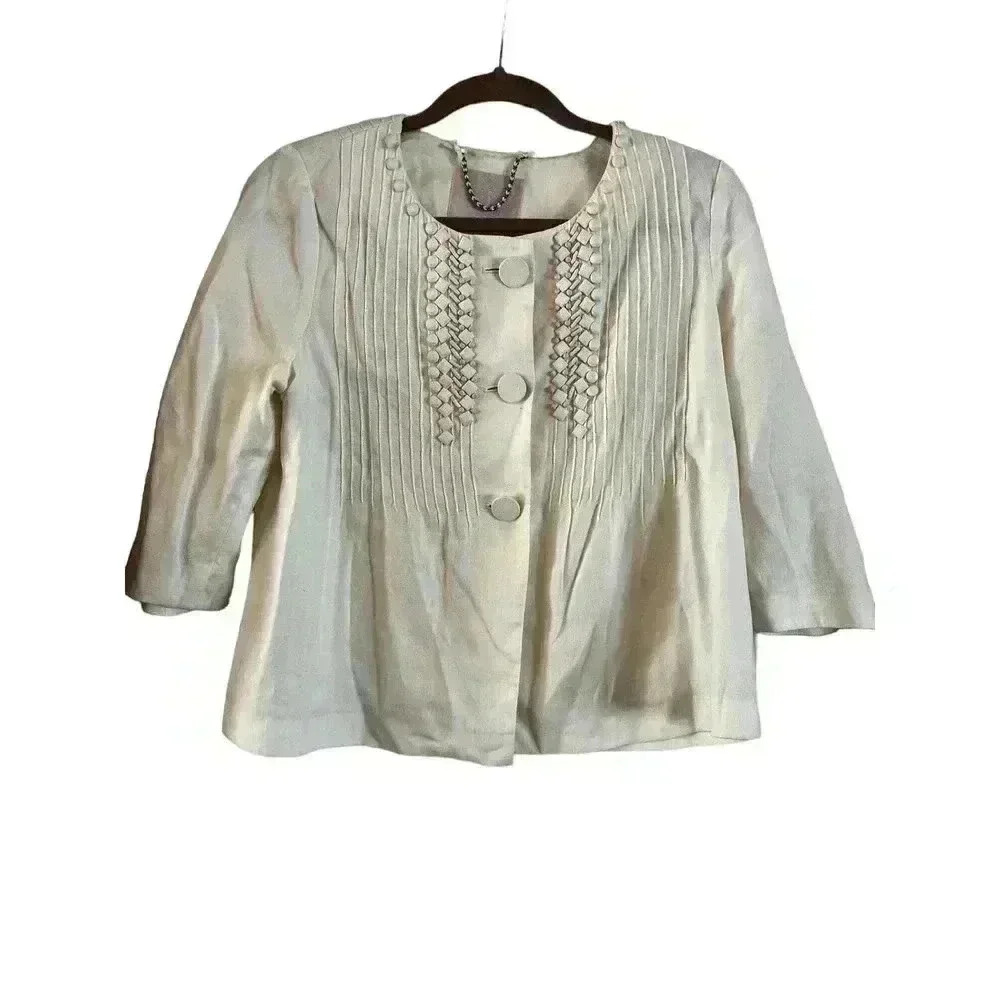 Rebecca Taylor Women’s Blazer White Beaded Linen Cotton Size 10 Button Up